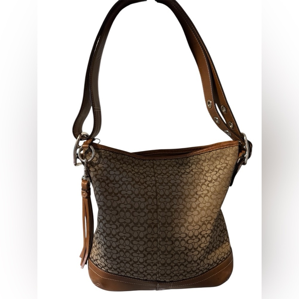 Coach Tan and Brown Mini Jacquard Convertible Shoulder Bag with Signature Design - Picture 14 of 14